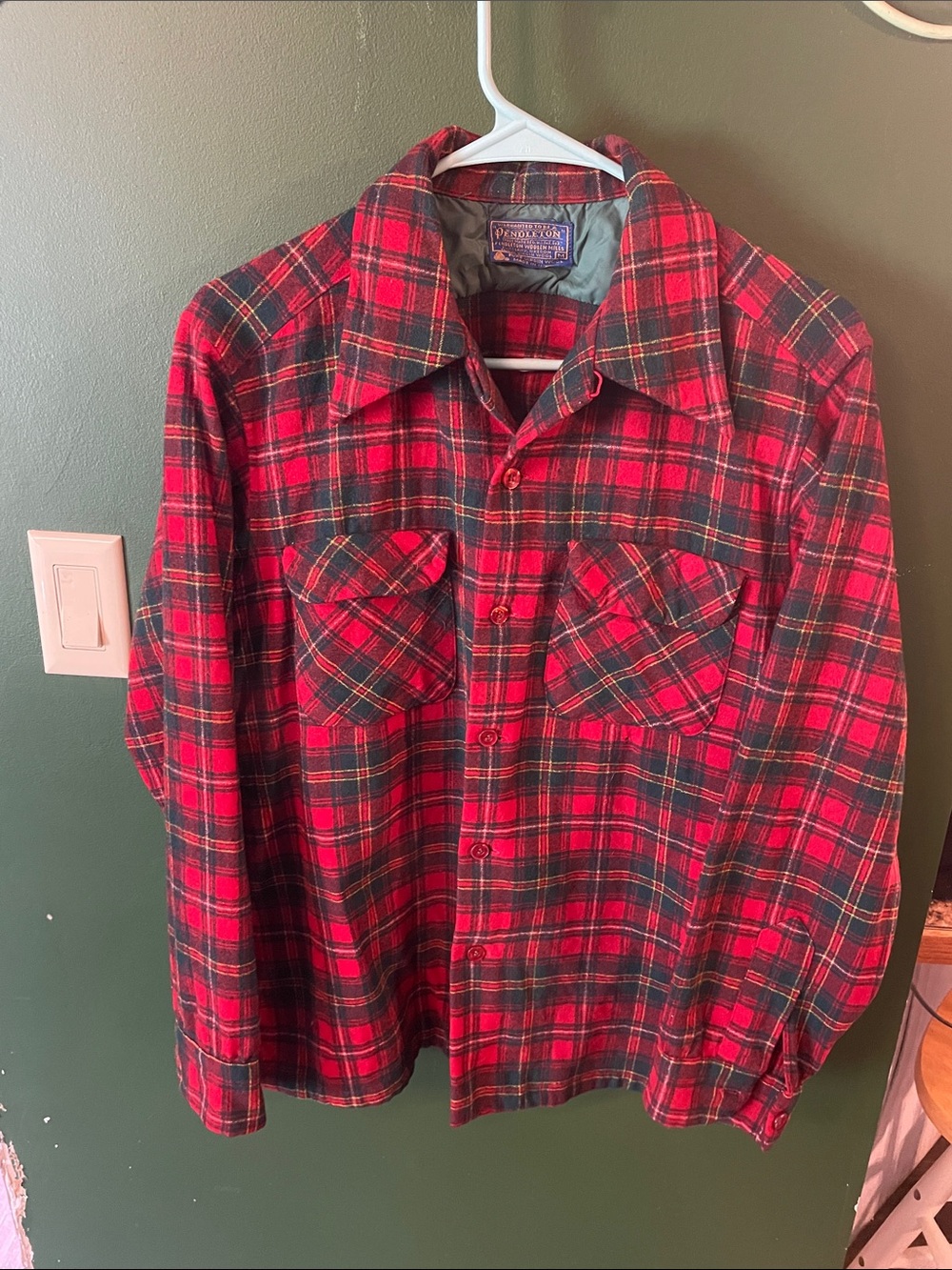 Vintage 60s-70s Pendleton Board Red and Black Plaid Button-Down Wool Shirt Med